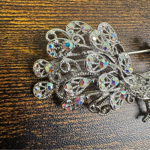 AB Crystal Peacock Bird Brooch Figural Pin Silver Tone - Picture 3 of 9